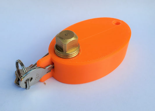 PlugKeyper Plug Float - orange - boat drain plug reminder - key float - locks key in device using plug