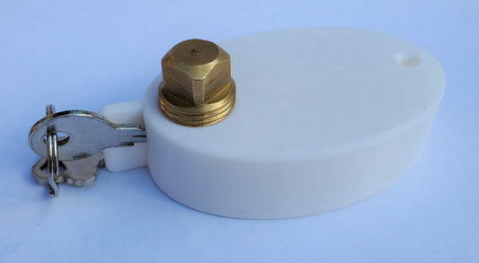 PlugKeyper Plug Float - white - boat drain plug reminder - key float - locks key in device using plug