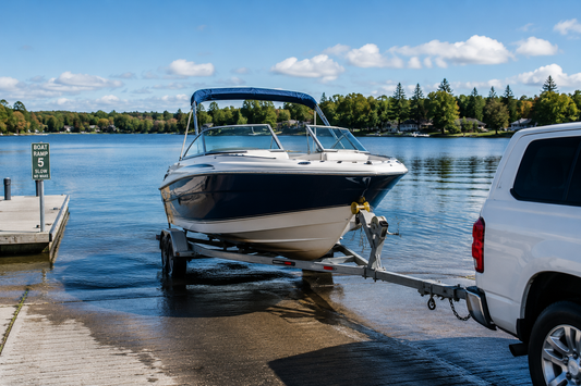 Boat on a trailer being backed down a boat ramp before launching