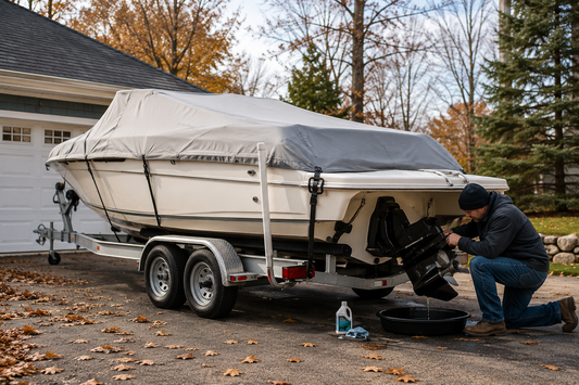 Boat on a trailer covered and being prepared for winter storage