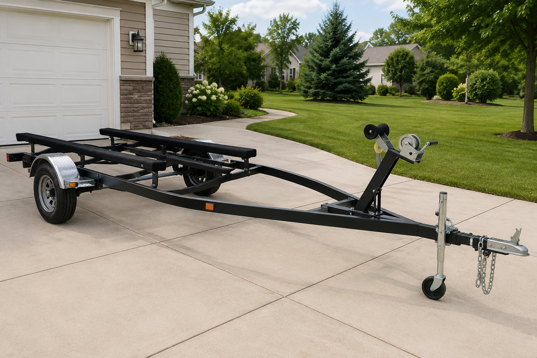 Boat trailer maintenance checklist with empty trailer at launch ramp
